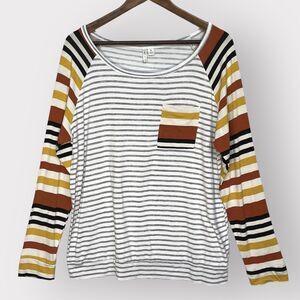 Cato T Shirt Women M Gray Multicolor Striped Pocket Long Sleeve Stretch‎ N03